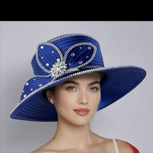 Elegant Royal Blue Wide-Brim Embellished Women’s Hat